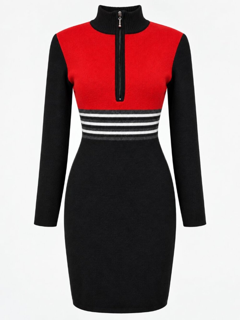 Vintage High Neck Wool Blend Colorblock Quarter Zip Office Siren Sweater Dress M